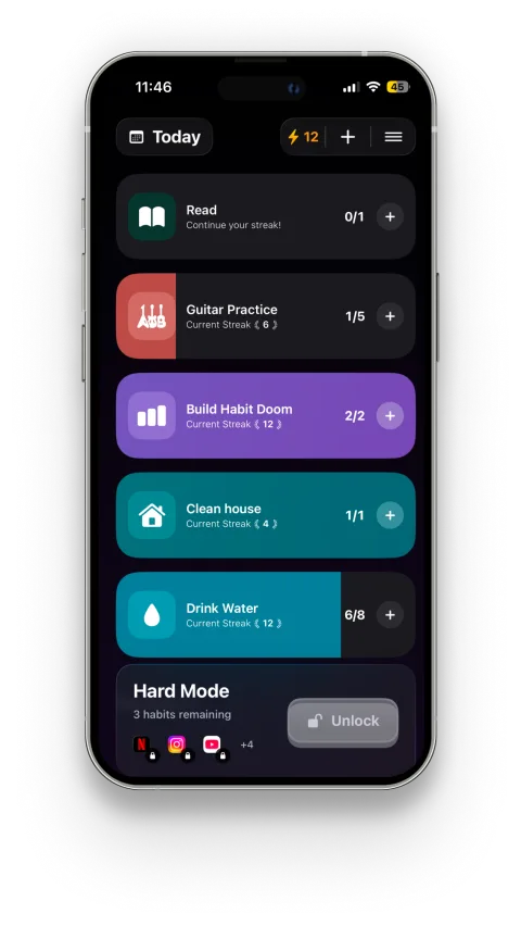Hard Mode — all habits must be completed before apps unlock