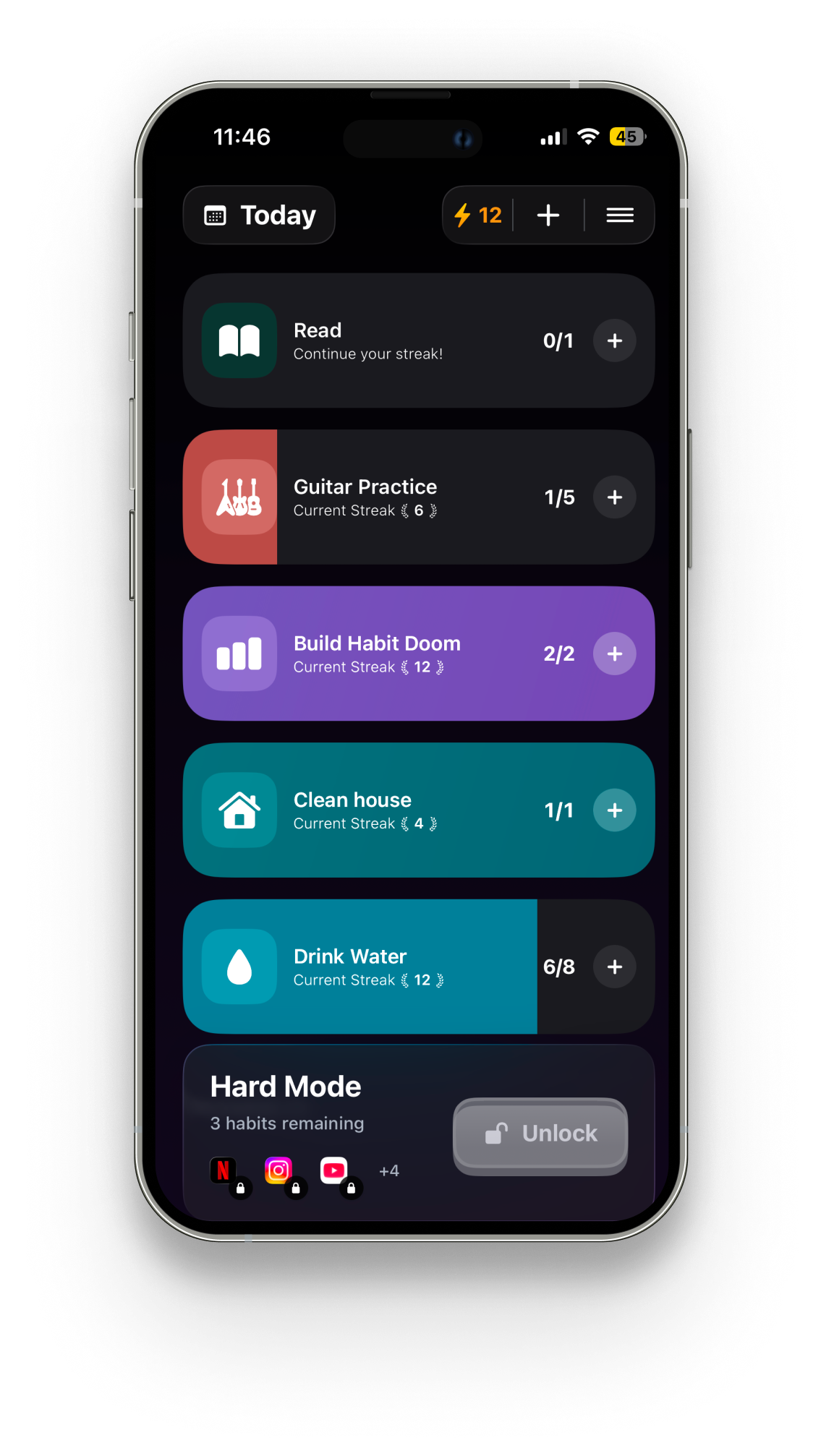 Hard Mode — all habits must be completed before apps unlock