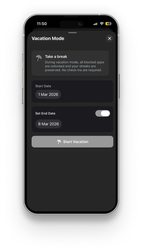 Vacation Mode pauses blocking without breaking streaks